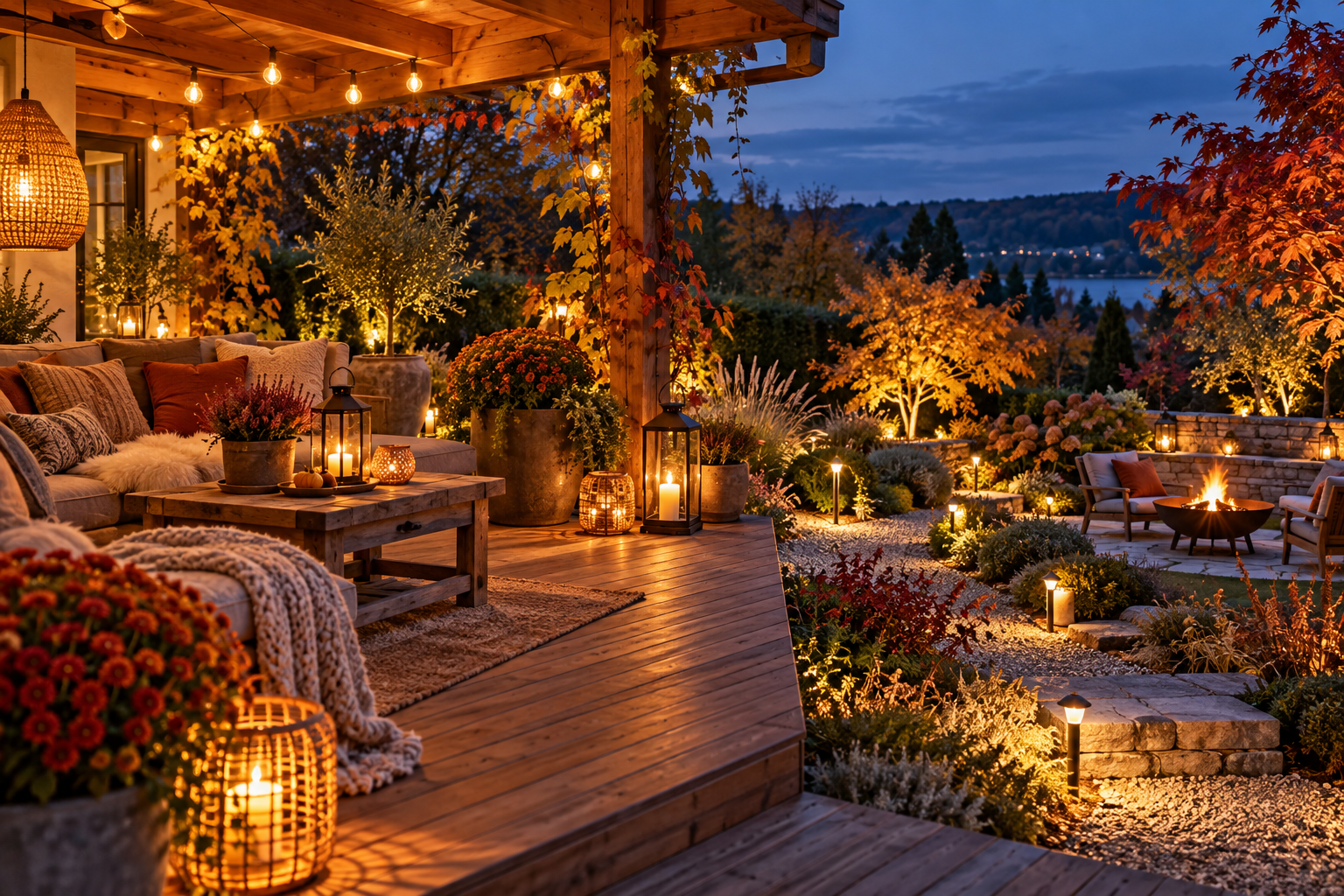 Stimmungsvolle Herbstterrasse und Garten